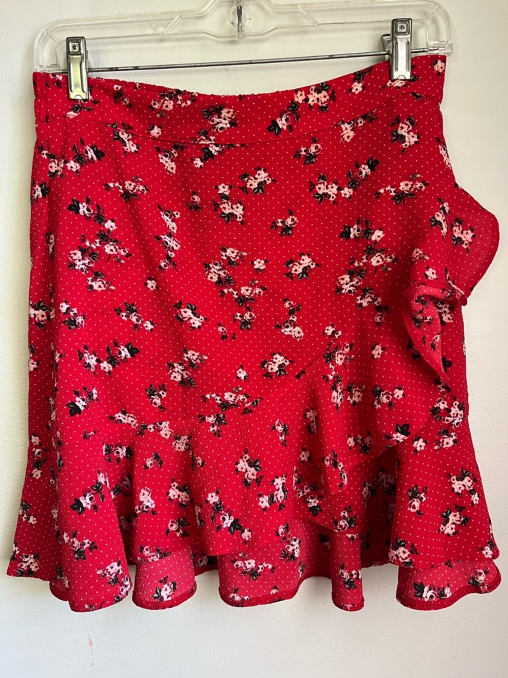Y2K Red Floral Asymmetric Ruffle Cha-Cha Skirt Size Medium Feminine Flouncy Pink